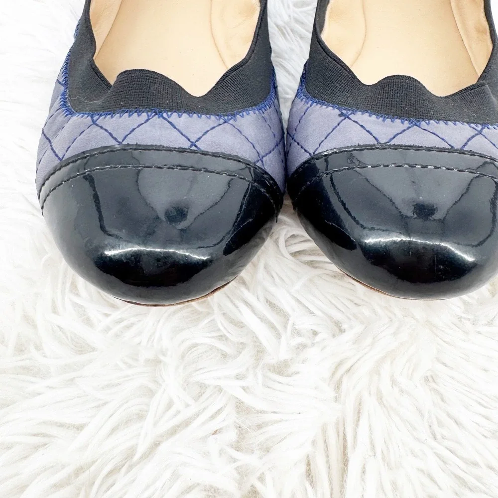 Tory Burch Bridgette Ballet Flats Slate Blue Quilted Patent Cap Toe Size 9M